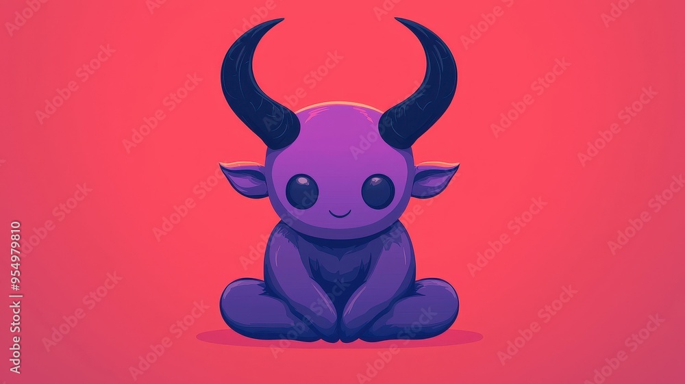 Naklejka premium A cute purple creature with horns, sitting happily against a vibrant red background, perfect for playful and whimsical themes.