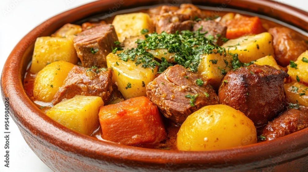 Close-up of a clay pot filled with beef stew and potatoes Close-up of a clay pot filled with beef stew and potatoes