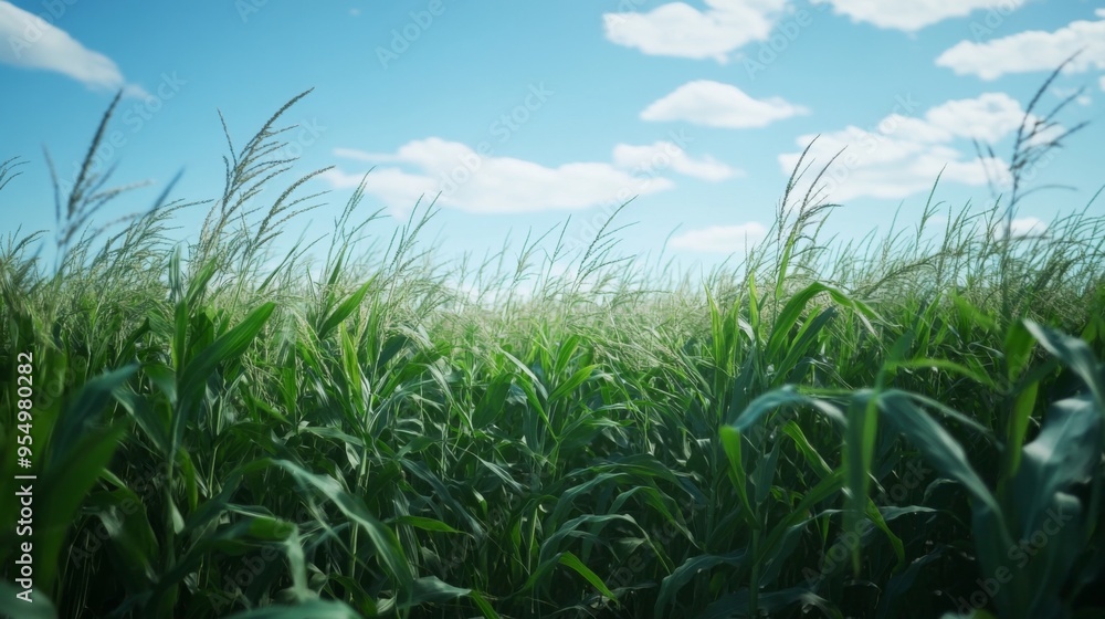 Obraz premium A lush cornfield under a clear blue sky, with tall green stalks swaying in the breeze, representing agricultural abundance and growth.