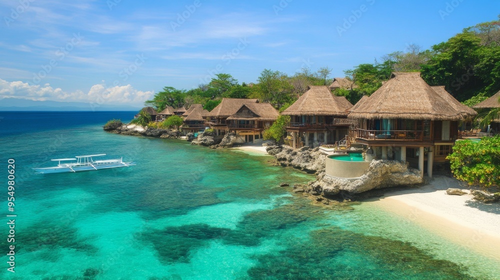 A luxurious beach resort with thatched-roof bungalows overlooking crystal-clear waters and white sandy beaches, offering a paradise getaway.