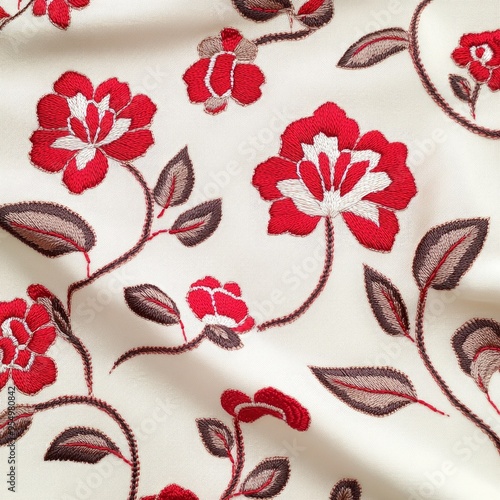 Elegant red floral embroidery on cream fabric, featuring intricate leaf details and flowing patterns photo