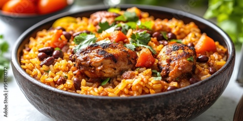 Bowl of Chicken and Rice with Beans and Parsley