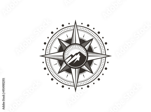 Vintage retro compass and mountain design concept. Compass logo emblem vector illustration outdoor expedition adventure