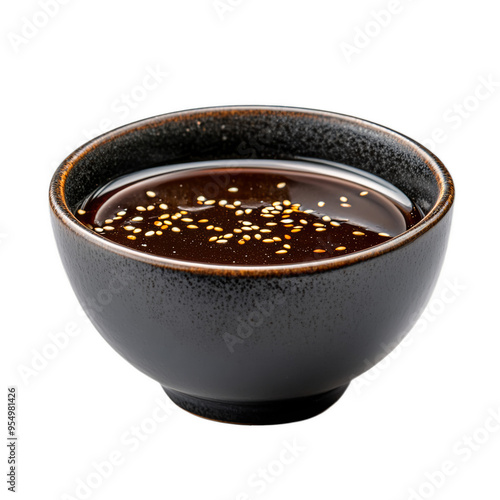 Small bowl of deep brown teriyaki sauce shiny and smooth with sesame seeds isolated on a transparent background 