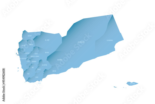 Yemen political map of administrative divisions - governorates and municipality of Sanaa. Shaded vector map with 3D-like blue gradient and name labels photo