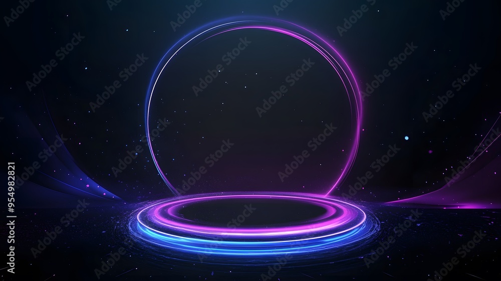 Obraz premium Technology blue and purple circle light stage on black background