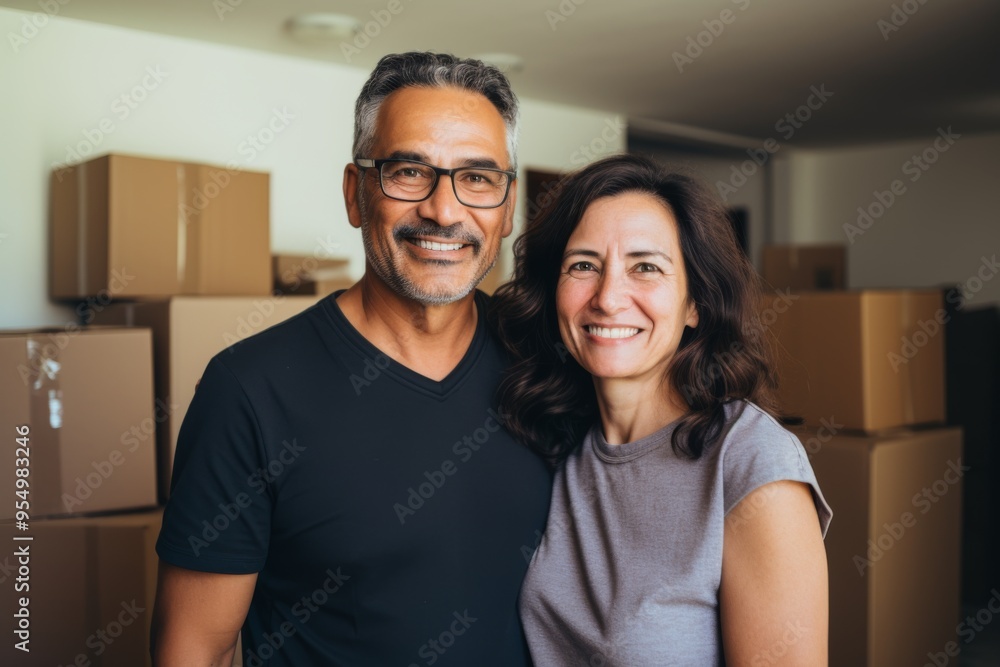 Portrait of a smiling middle aged Hispanic couple in home with moving boxes Portrait of a smiling middle aged Hispanic couple in home with moving boxes