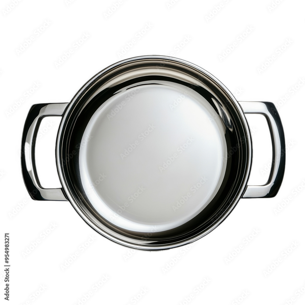 Top view of a shiny stainless steel pot with reflections on the metal surface isolated on a transparent background Top view of a shiny stainless steel pot with reflections on the metal surface isolated on a transparent background