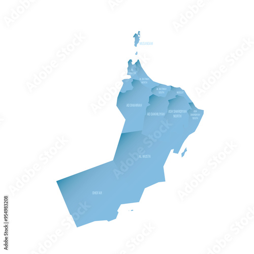 Oman political map of administrative divisions - governorates. Shaded vector map with 3D-like blue gradient and name labels