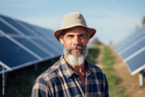 Portrait of a middle aged male engineer standing next to solar panels