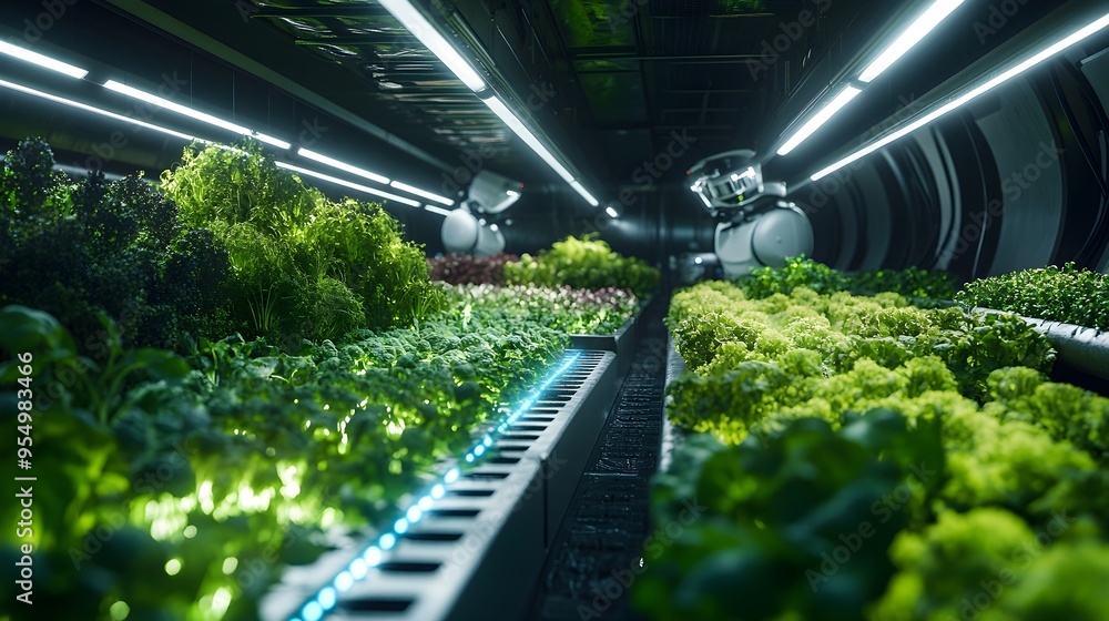 Futuristic Indoor Farm, Green Leafy Plants Under LED Lights Futuristic Indoor Farm, Green Leafy Plants Under LED Lights