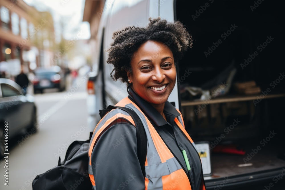 Smiling portrait of a middle aged delivery woman