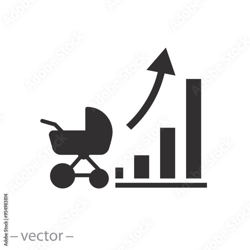 global demography rise icon, increase social development, population growth and birth rate, flat vector illustration