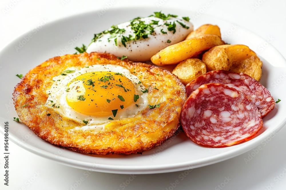 Fried Potato Pancake with Egg, Salami, and Poached Egg Fried Potato Pancake with Egg, Salami, and Poached Egg