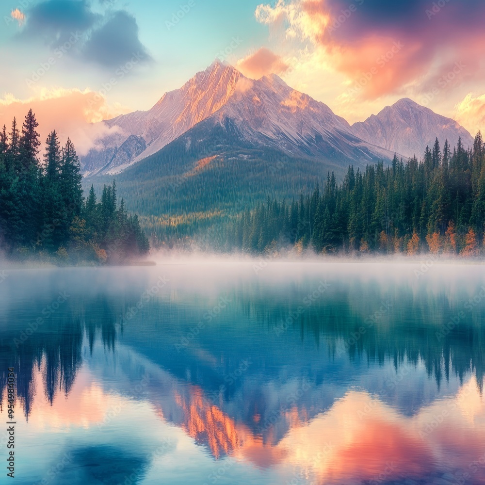 A serene mountain landscape at sunrise, with mist rolling over a forest and a clear blue lake reflecting the vibrant colors of the sky A serene mountain landscape at sunrise, with mist rolling over a forest and a clear blue lake reflecting the vibrant colors of the sky