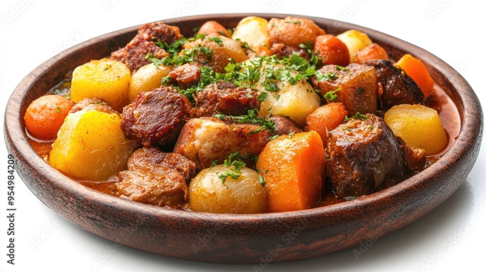 Close-Up of a Wooden Bowl Filled with Beef Stew and Vegetables Close-Up of a Wooden Bowl Filled with Beef Stew and Vegetables