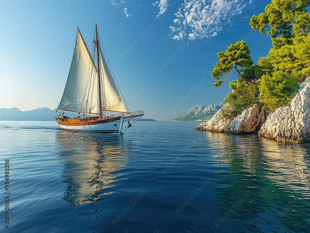 Fototapeta premium A picturesque Dalmatian coast cutter sails on azure waters under a clear sky