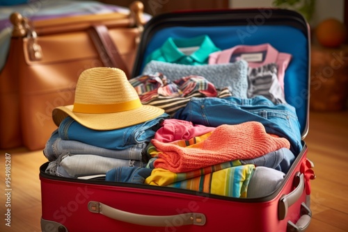 Luggage bag filled with vacation clothes