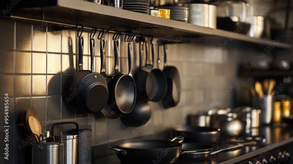 A modern kitchen scene with sleek black pots, pans, and cooking utensils hanging from a metal rack, adding a touch of sophistication to the culinary space. A modern kitchen scene with sleek black pots, pans, and cooking utensils hanging from a metal rack, adding a touch of sophistication to the culinary space.