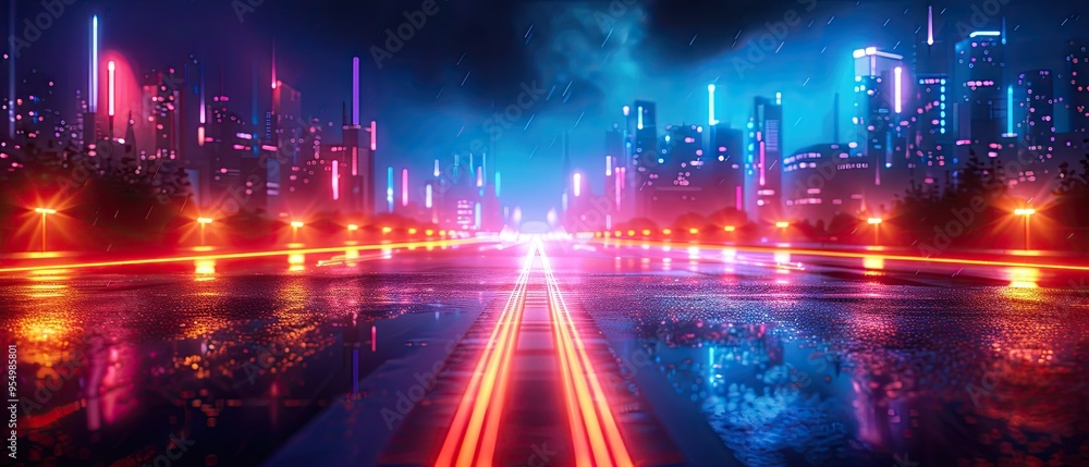 Fototapeta premium Neon Cityscape Reflections in Wet Asphalt