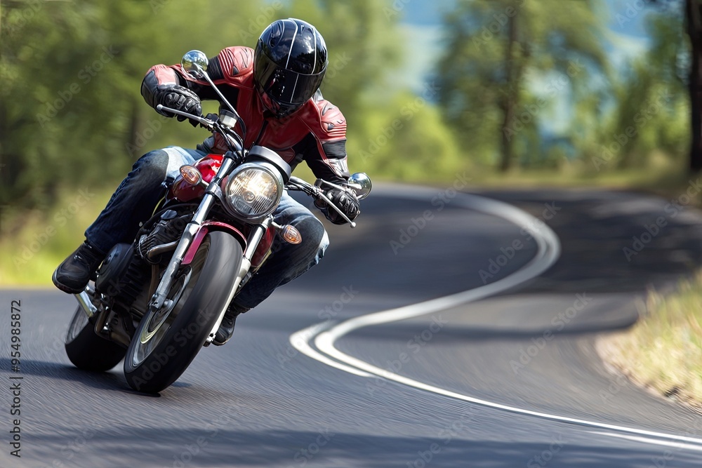 Obraz premium A rider speeds around a curving road on a sleek motorcycle, showcasing freedom and adventure in the open landscape.