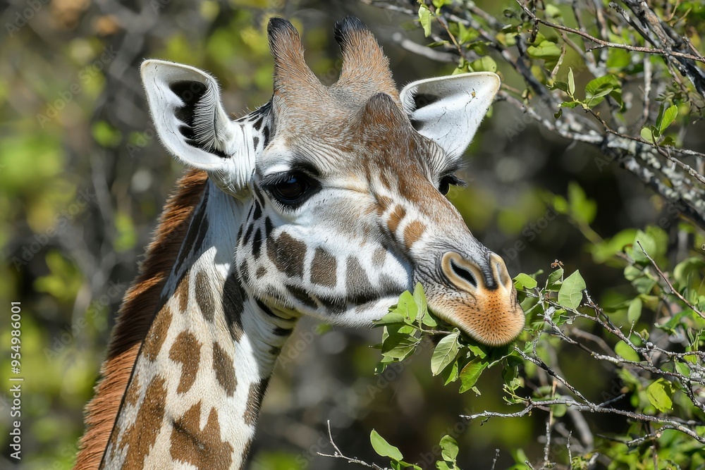 Obraz premium Close-up of a Giraffe's Head Eating Leaves