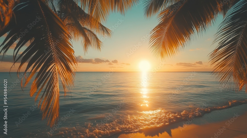 Fototapeta premium Golden sun sets over tranquil waters, casting reflections on the beach while palm trees sway gently in the warm evening breeze