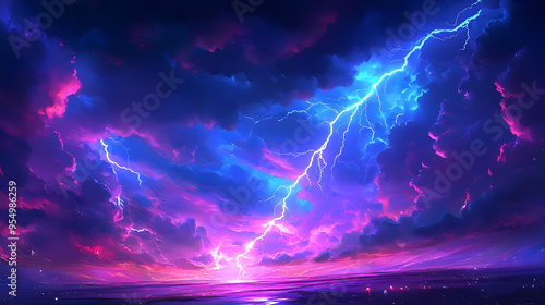 Abstract Lightning Strikes Across Vivid Pink and Blue Clouds in a Dramatic Night Sky