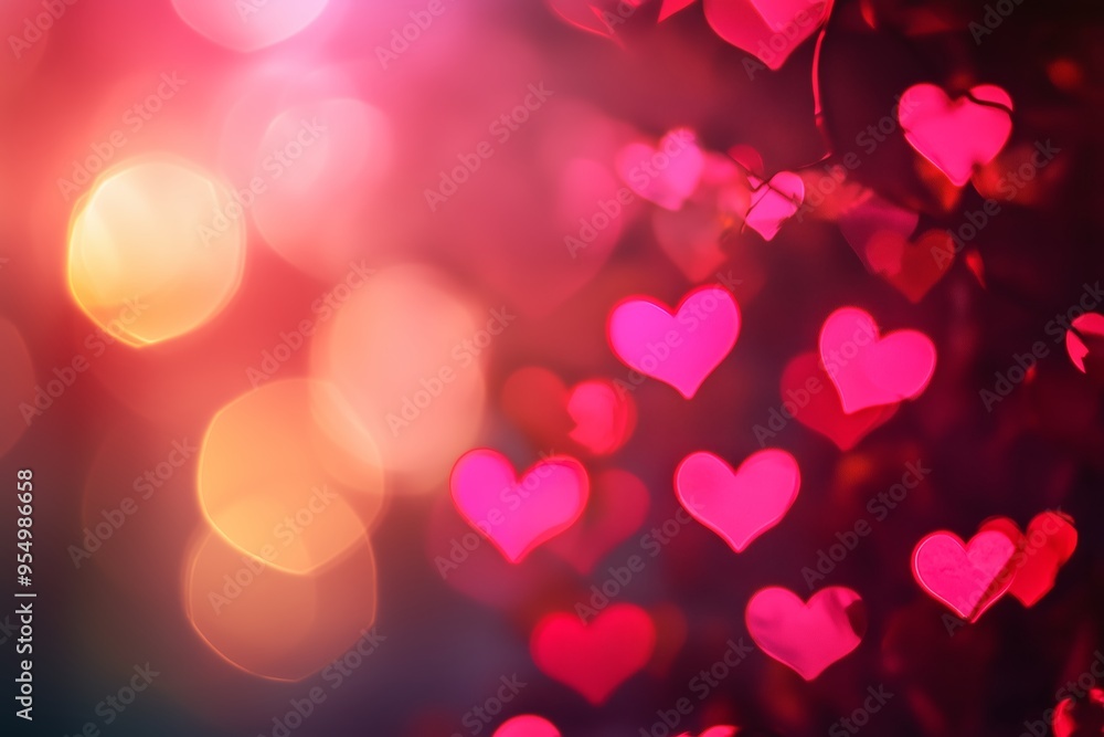 Colorful heart shapes glowing softly against a blurred background, capturing a romantic atmosphere on a festive night Colorful heart shapes glowing softly against a blurred background, capturing a romantic atmosphere on a festive night
