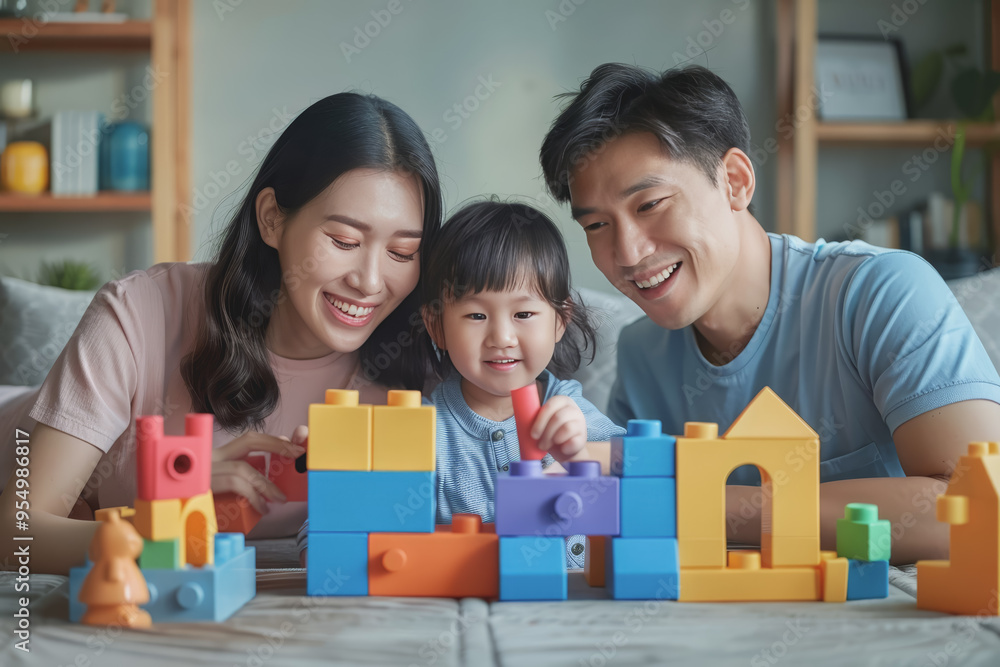 Parents play happily with their children at home. By connecting blocks in the living room. Parents play happily with their children at home. By connecting blocks in the living room.