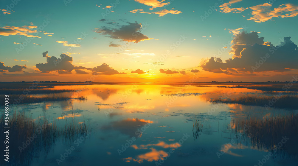 Sunset Reflecting on Calm Water with Lush Grass in Foreground Sunset Reflecting on Calm Water with Lush Grass in Foreground
