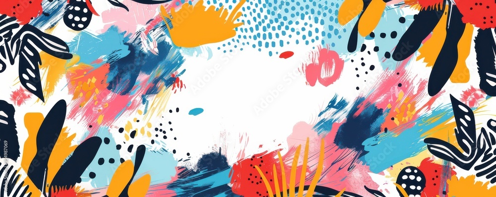 Fototapeta premium Vibrant abstract doodle with colorful shapes and splashes, perfect for modern and creative backgrounds. Free copy space for text.