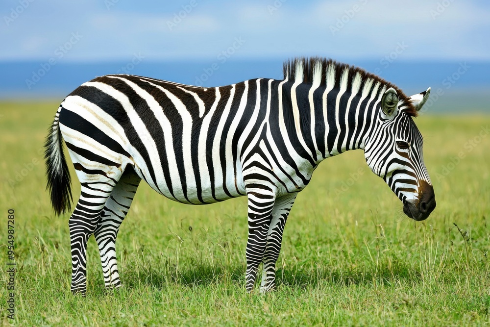 Zebra Standing in Grassy Field with Blue Sky in the Background Zebra Standing in Grassy Field with Blue Sky in the Background