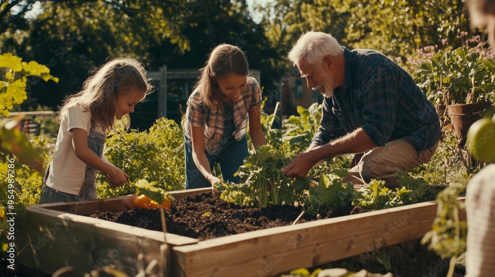 happy family gardening together in the garden with Grandparents happy family gardening together in the garden with Grandparents