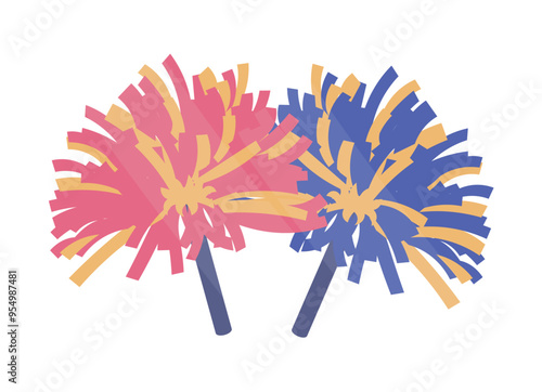 Two colorful pom poms representing cheerleading accessories in a flat vector illustration. One pom pom is pink and yellow while the other is blue and yellow.