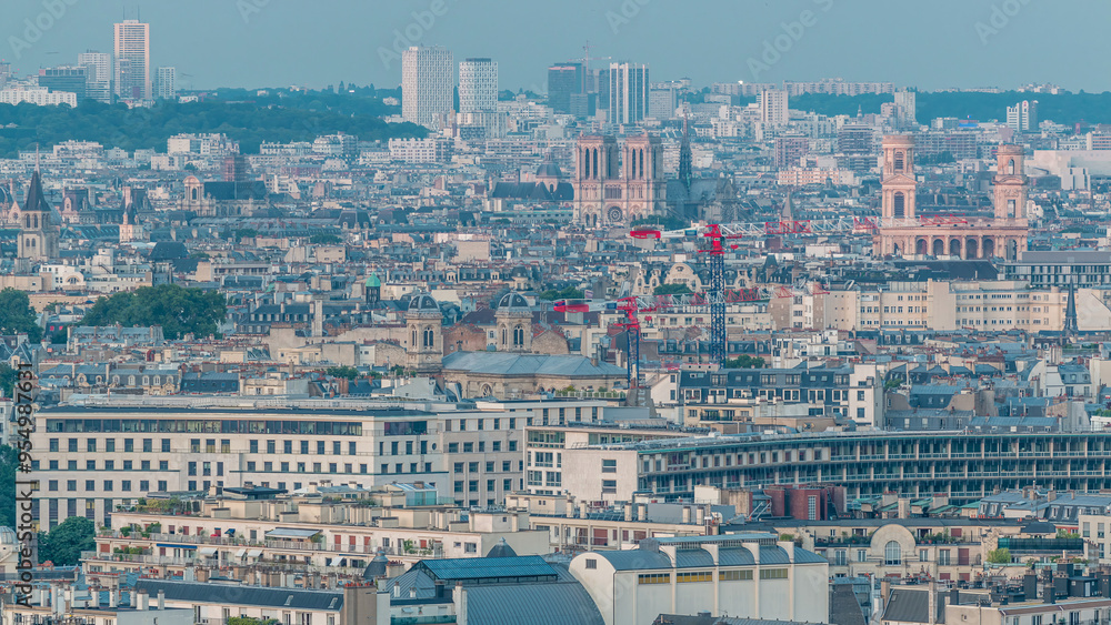 Aerial panorama above houses rooftops in a Paris day to night timelapse Aerial panorama above houses rooftops in a Paris day to night timelapse
