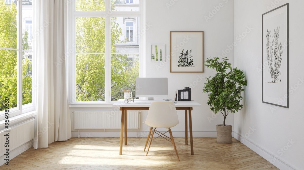 Fototapeta premium A modern Nordic home office with a minimalist desk, white walls, and wooden flooring, featuring natural light and simple, functional decor.