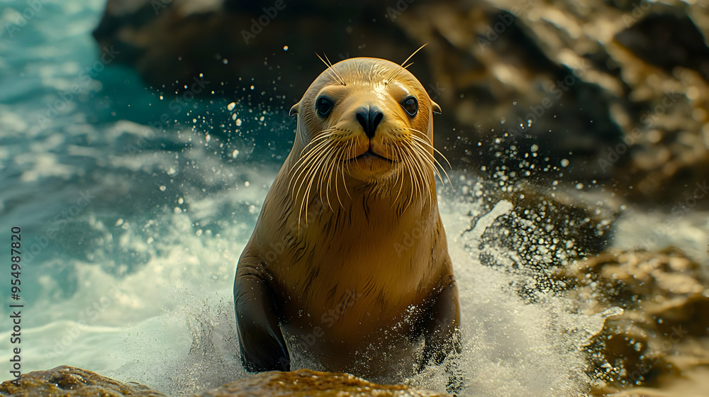 Fototapeta premium A Close-Up of a Seal Emerging from the Water with a Splash of Water Droplets Surrounding It, Looking Directly at the Camera with a Curious Expression