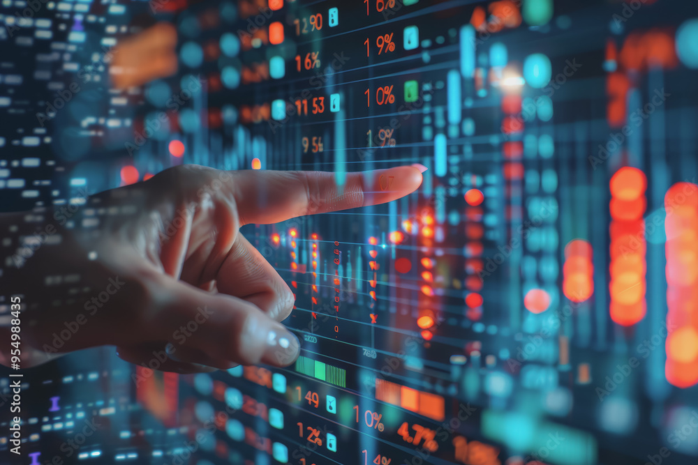Hand pointing at financial chart displayed on digital screen showing stock market analysis. Hand pointing at financial chart displayed on digital screen showing stock market analysis.