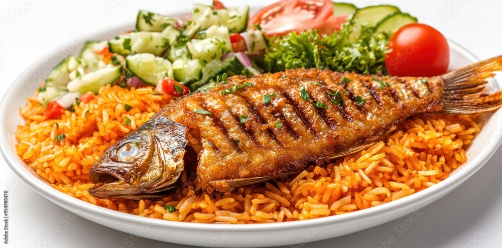 Fried Fish with Red Rice, Cucumber, Tomato, and Parsley Salad Fried Fish with Red Rice, Cucumber, Tomato, and Parsley Salad
