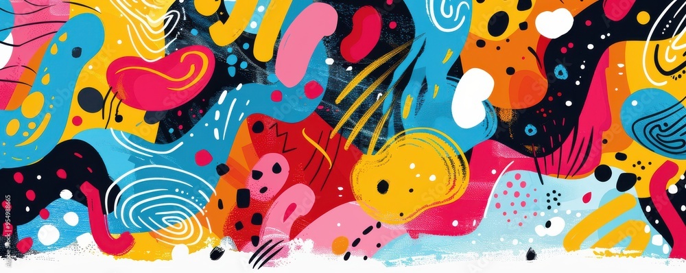 Vibrant abstract doodle with colorful shapes and splashes, perfect for modern and creative backgrounds. Free copy space for text. Vibrant abstract doodle with colorful shapes and splashes, perfect for modern and creative backgrounds. Free copy space for text.