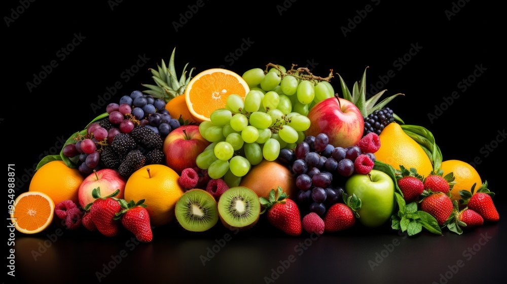 Flat lay composition with citrus fruits, leaves and flowers on black background. Neural network ai generated art