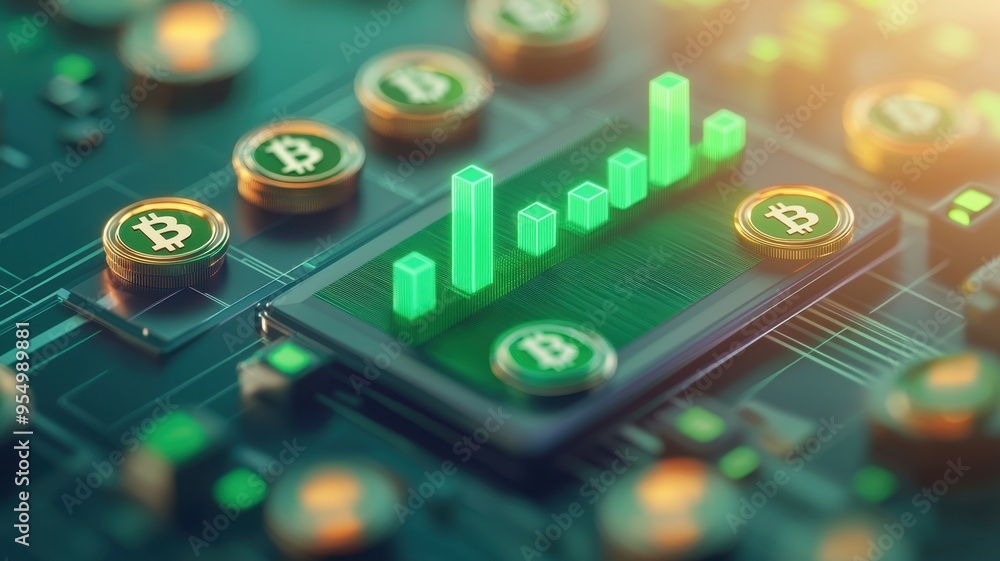 Close-up of a digital cryptocurrency market display illustrating growth with green bars and Bitcoin icons on a circuit board. Close-up of a digital cryptocurrency market display illustrating growth with green bars and Bitcoin icons on a circuit board.
