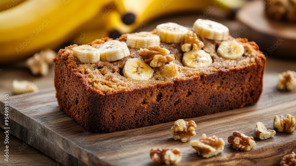 A mouthwatering slice of banana bread, moist and flavorful with ripe bananas, walnuts, and a hint of cinnamon, served on a rustic wooden board A mouthwatering slice of banana bread, moist and flavorful with ripe bananas, walnuts, and a hint of cinnamon, served on a rustic wooden board