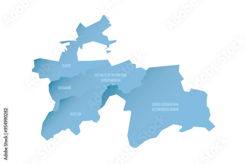 Tajikistan political map of administrative divisions - regions, autonomous region of Gorno-Badakhshan, districts of Republican Subordination and capital city of Dushanbe. Shaded vector map with 3D