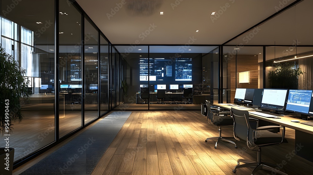 Modern Office Interior Design with Wooden Floor and Glass Walls Modern Office Interior Design with Wooden Floor and Glass Walls