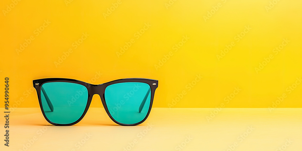 Stylish black sunglasses with turquoise lenses placed on a vibrant yellow background, perfect for summer vibes and fashion appeal. Stylish black sunglasses with turquoise lenses placed on a vibrant yellow background, perfect for summer vibes and fashion appeal.