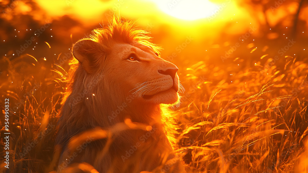 Naklejka premium Majestic Lion Gazing at the Golden Sunset in a Field of Tall Grass, a Symbol of Strength and Beauty in the African Savanna