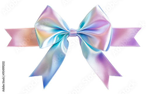 Colorful iridescent ribbon bow for gift wrapping isolated on transparent background