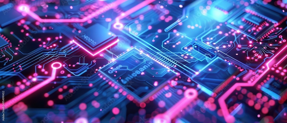 Abstract Circuit Board with Glowing Blue and Pink Lines Abstract Circuit Board with Glowing Blue and Pink Lines